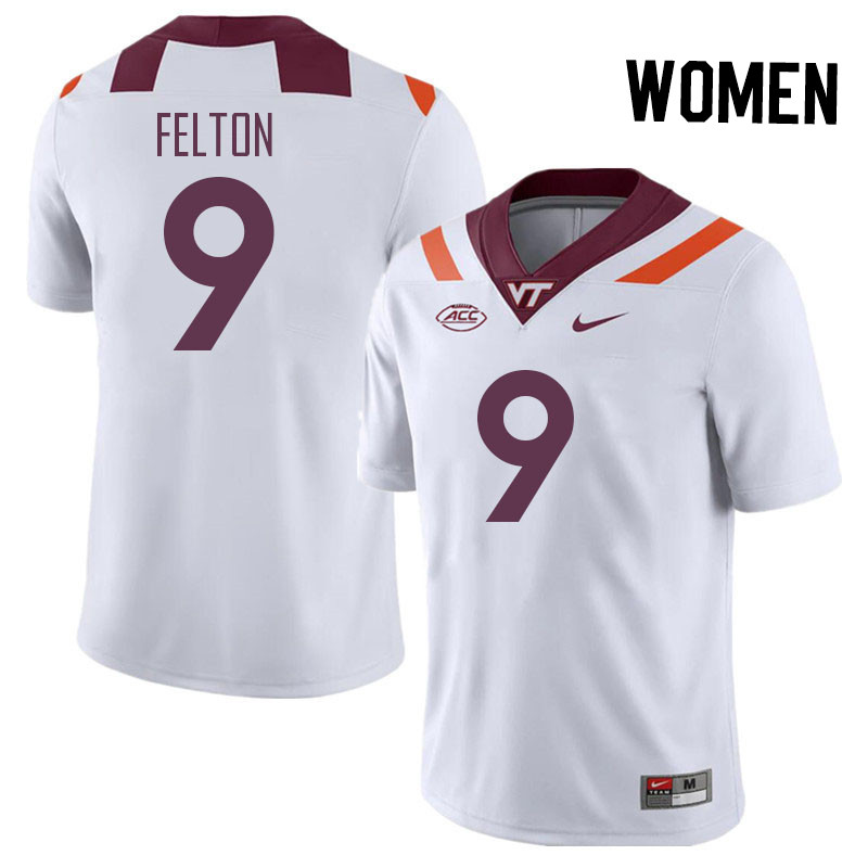Women #9 Da'Quan Felton Virginia Tech Hokies College Football Jerseys Stitched Sale-White